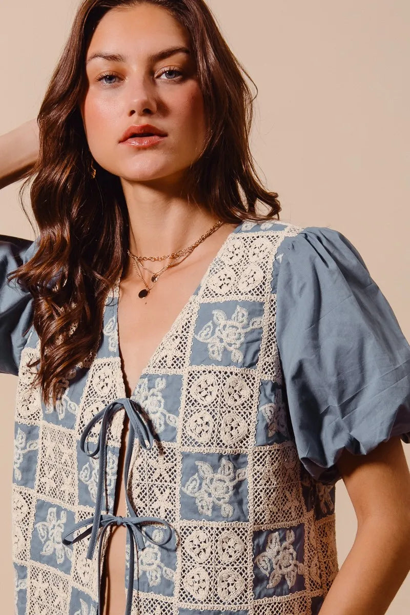 SO ME Crochet Lace Tie Front V Neck Blouse Top OutfitFlow