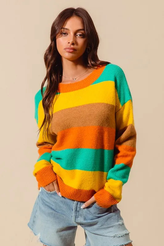 SO ME Multi Color Stripe Sweater with Ribbed Detail OutfitFlow