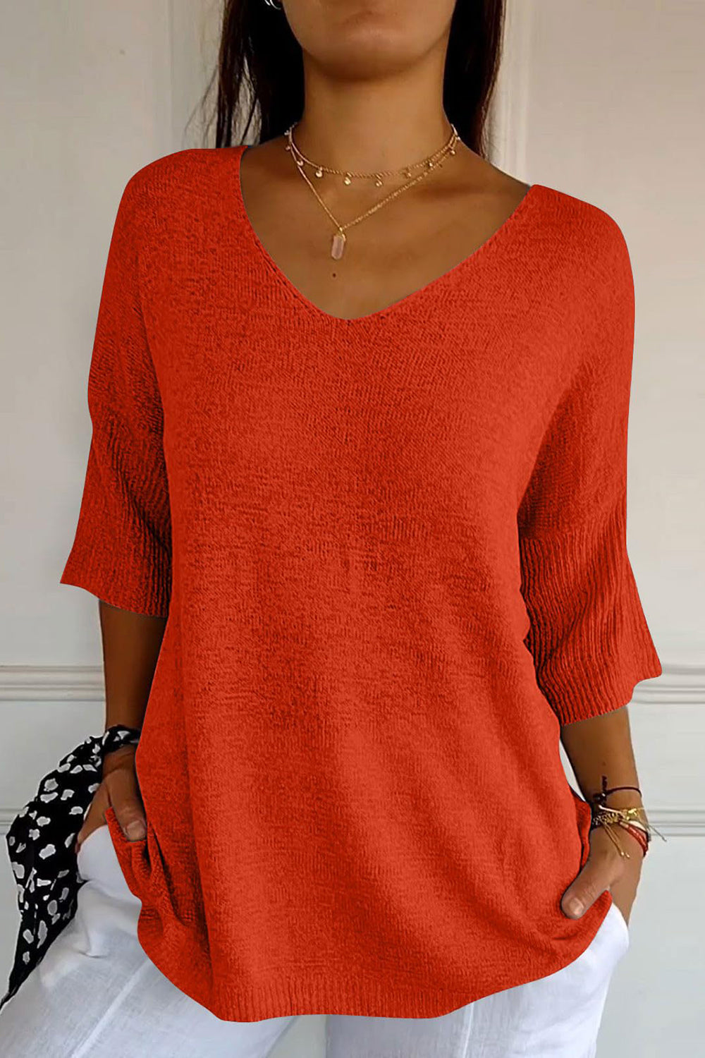 Outfit Flow - V-Neck Three-Quarter Sleeve Knit Top