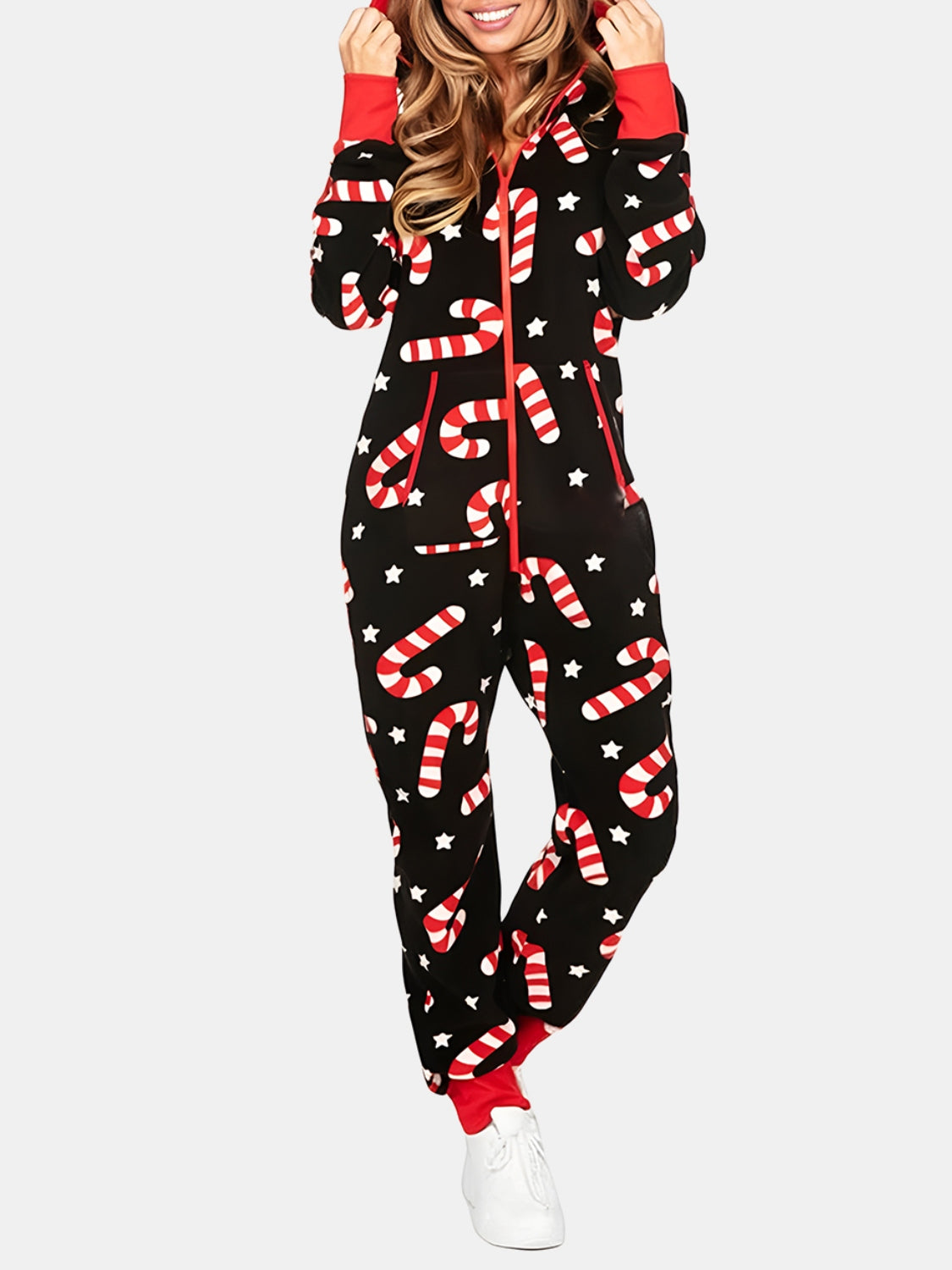 Outfit Flow - Printed Zip Up Long Sleeve Hooded Jumpsuit