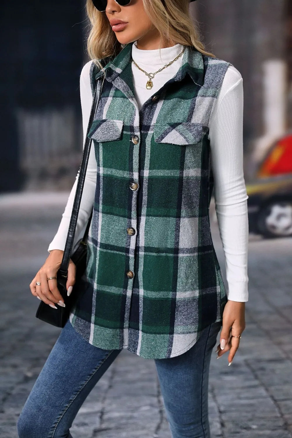 Plaid Button Up Vest Coat Trendsi