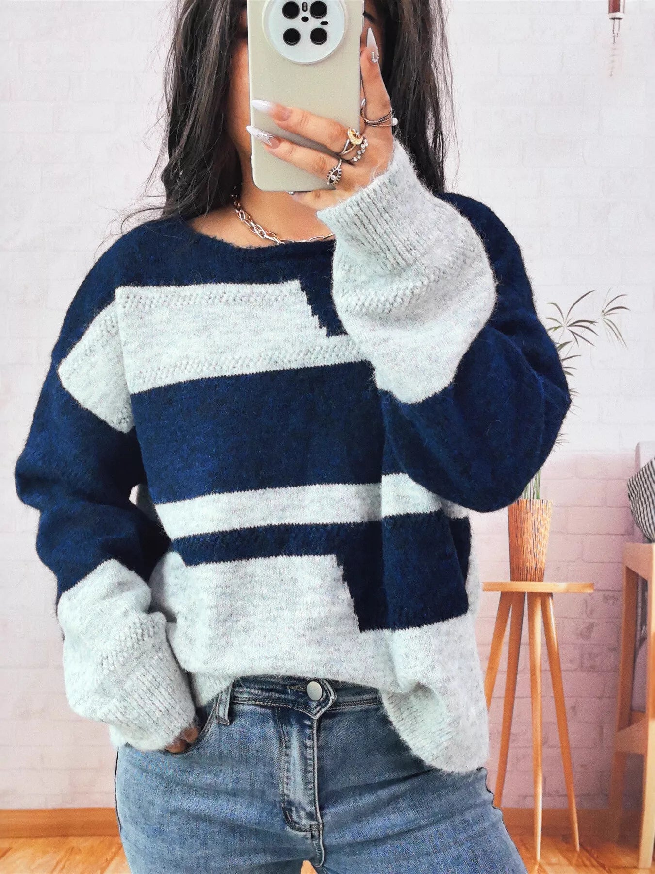 Color Block Round Neck Sweater OutfitFlow
