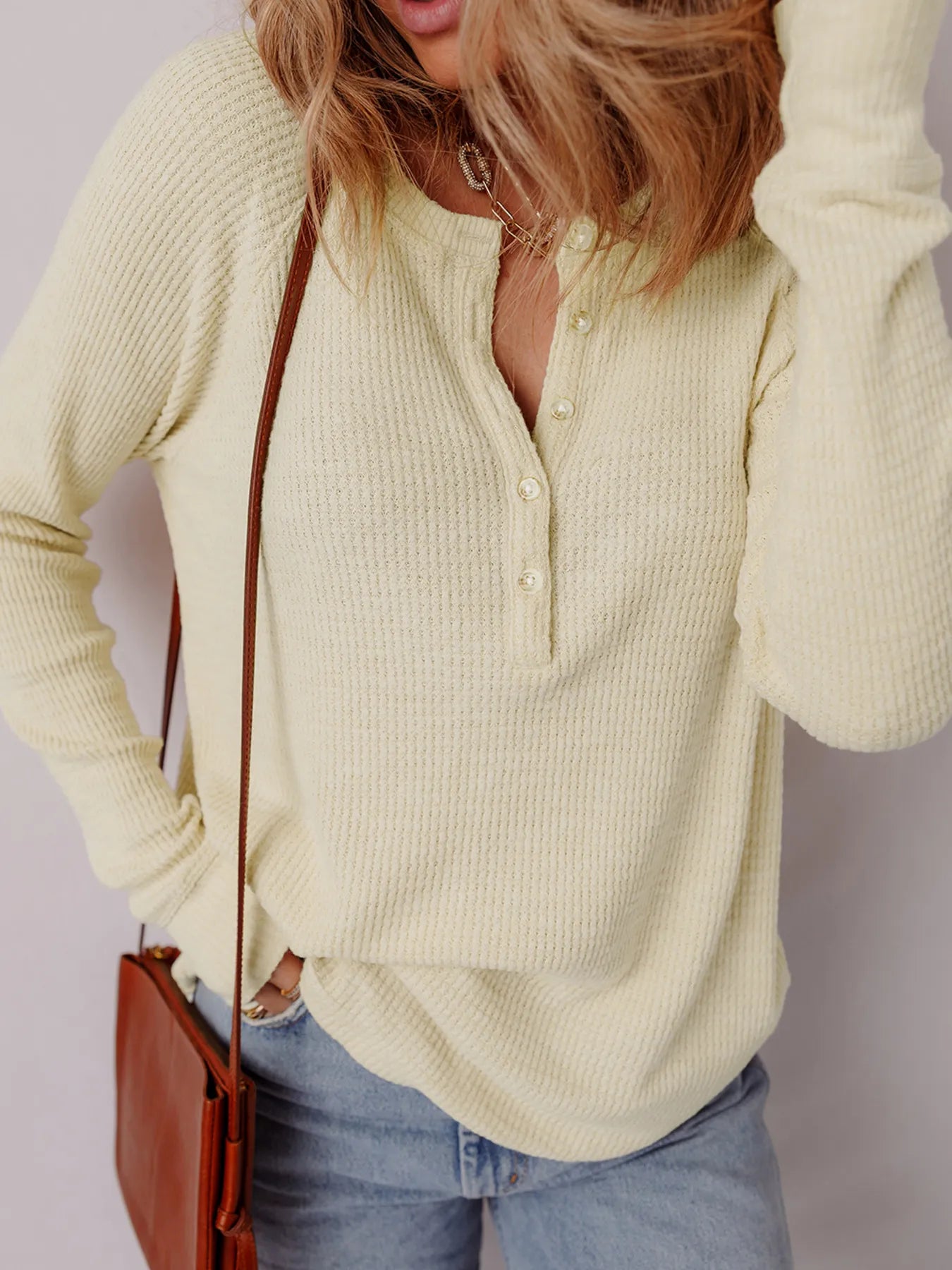 Textured Knit Half Buttons Henley Top OutfitFlow