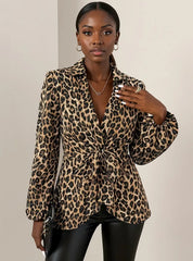 Leopard Tie Front Long Sleeve Blouse Leopard OutfitFlow