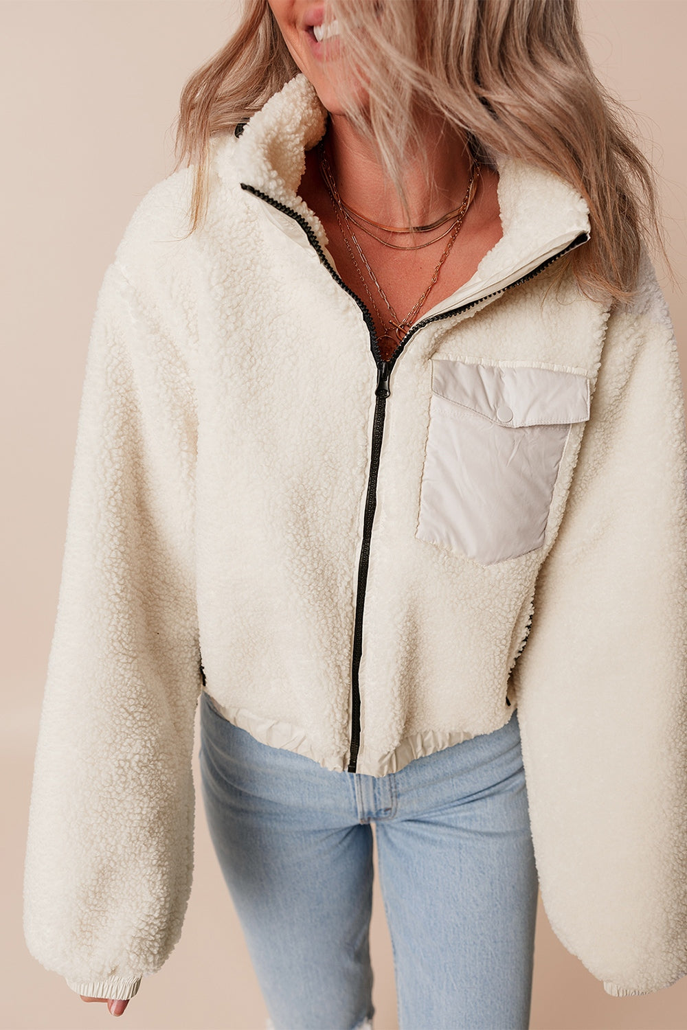 Outfit Flow - Drawstring Zip Up Sherpa Jacket with Removable Hood