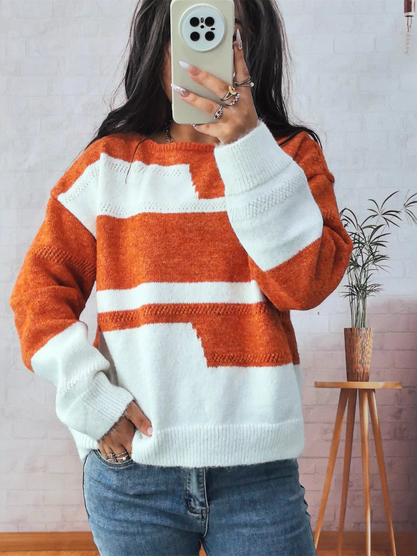 Color Block Round Neck Sweater OutfitFlow