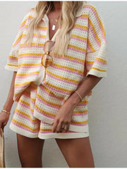 Colorful Striped Button Up Top and Shorts Sweater Set Stripe OutfitFlow