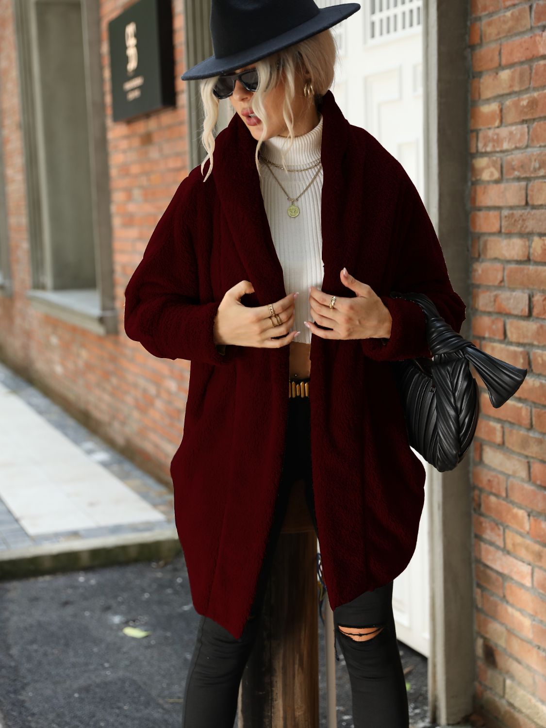 Open Front Hooded Teddy Coat Wine OutfitFlow