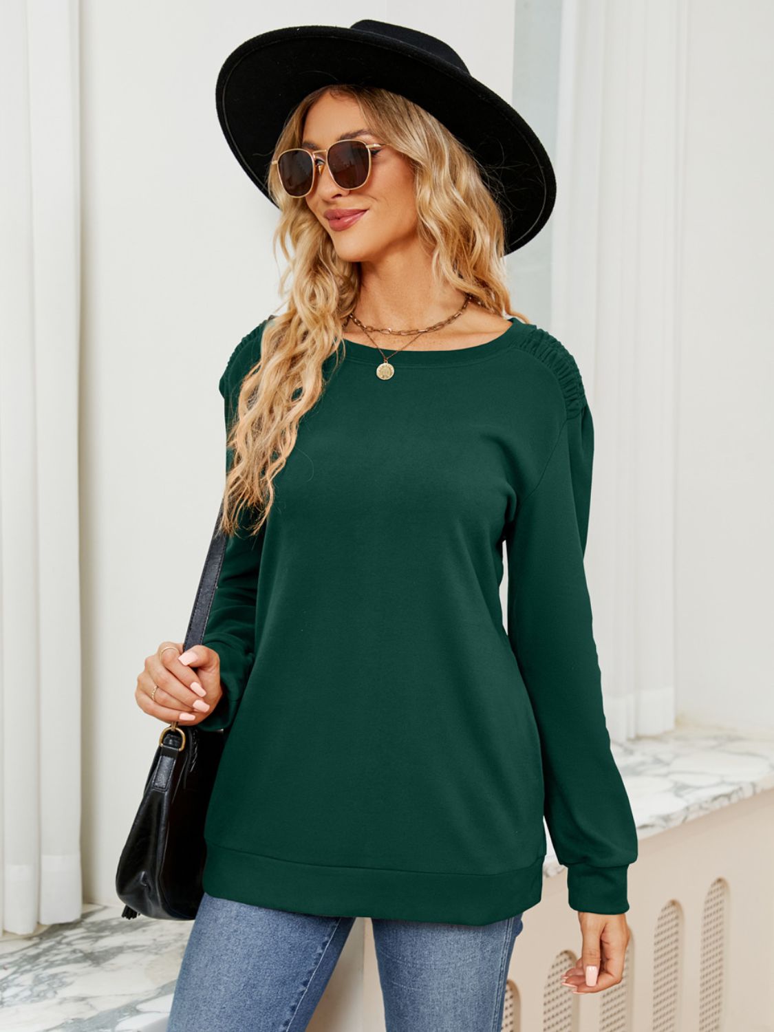 Outfit Flow - Ruched Shoulder Round Neck Long Sleeve Sweatshirt