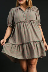 Umgee Full Size Plaid Frill Button Detail Ruffled Short Sleeve Dress Plus Size OutfitFlow