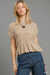 Umgee Short Sleeve Knit Smocked Top LATTE Trendsi
