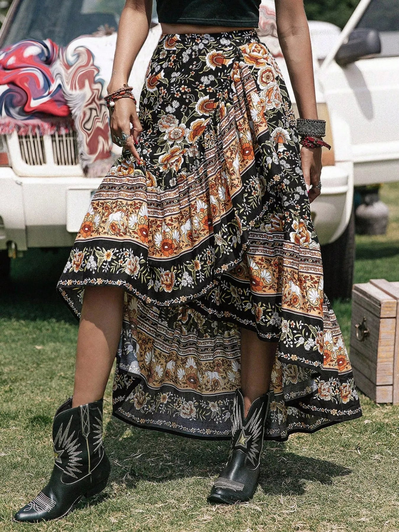 Plus Size Boho Floral Print High-Low Skirt OutfitFlow