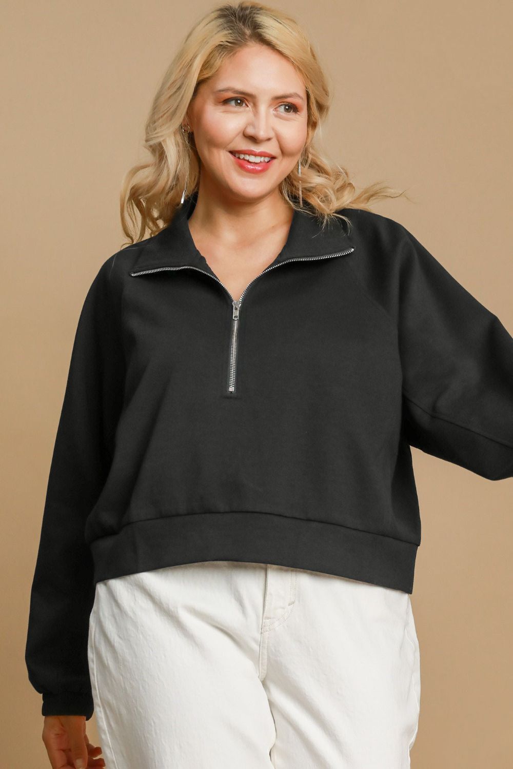 Umgee Full Size Half Zip Cropped Sweatshirt Plus Size OutfitFlow
