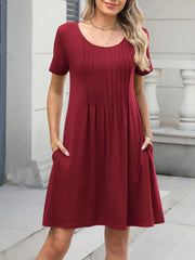 Pleated Front Round Neck Swing Dress Burgundy OutfitFlow