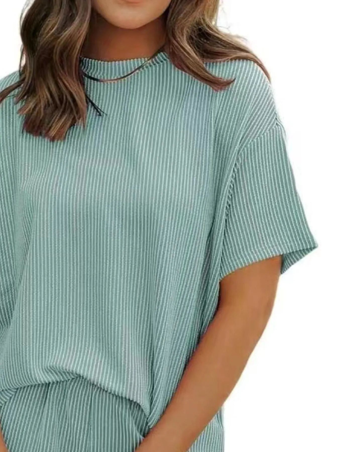 Full Size Ribbed Short Sleeve Top and Shorts Two-Piece Set Plus Size Sky Blue OutfitFlow