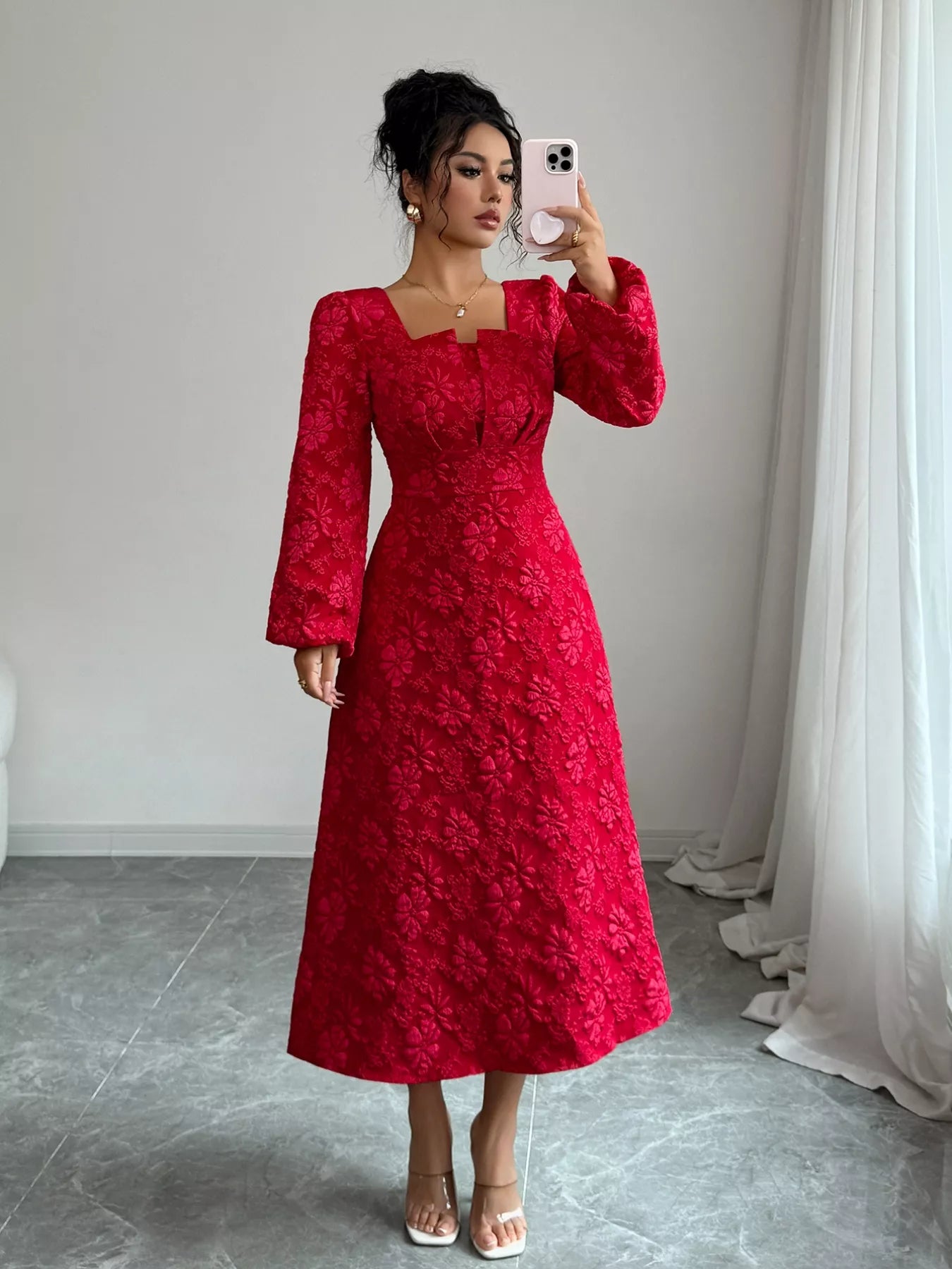 Floral Balloon Sleeve Midi Dress Trendsi