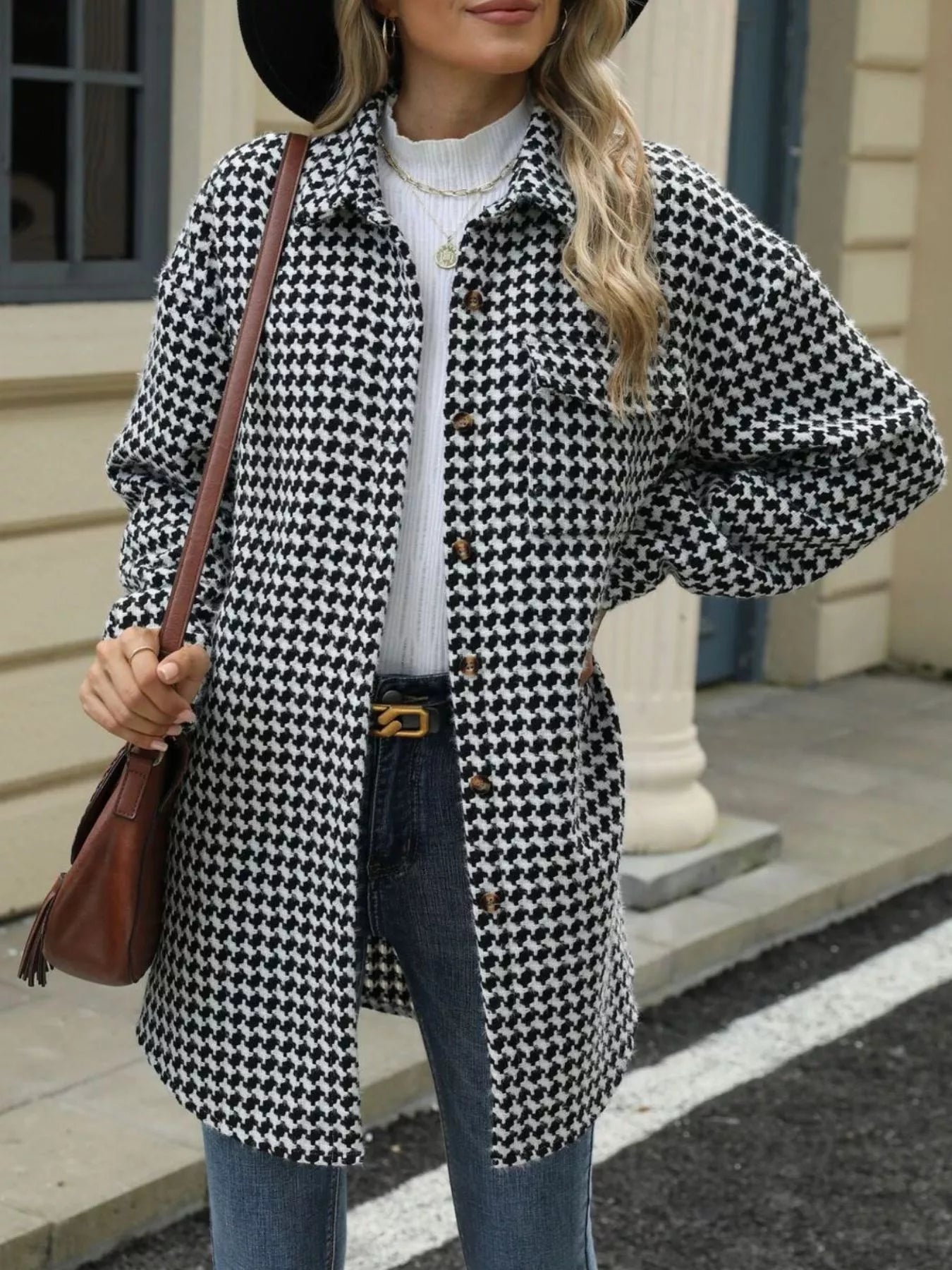 Houndstooth Button Up Long Sleeve Coat Black Trendsi