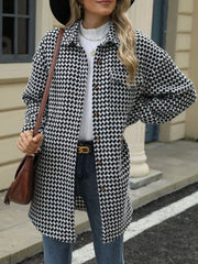 Houndstooth Button Up Long Sleeve Coat Black Trendsi