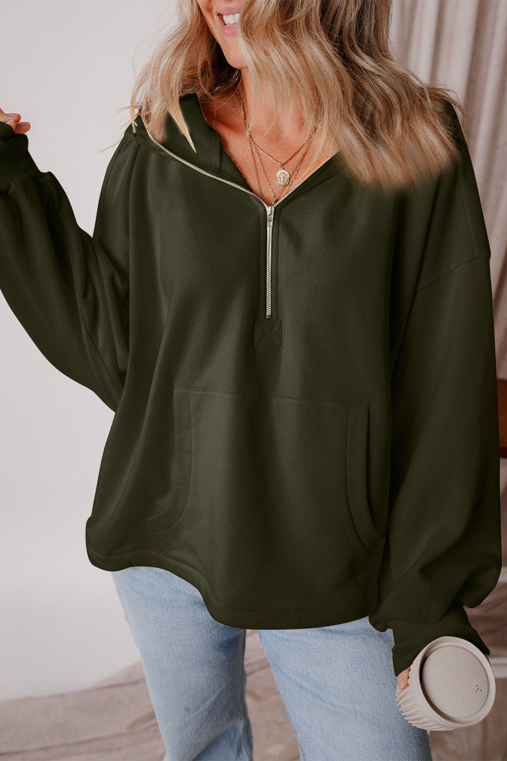 Pocketed Half Zip Dropped Shoulder Hoodie OutfitFlow