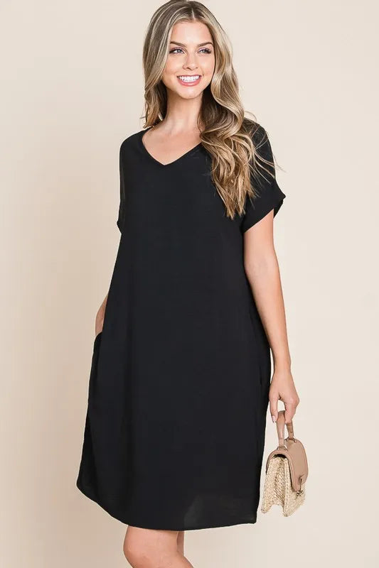 BOMBOM V-Neck Short Sleeve Dress with Pockets OutfitFlow