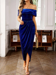 Velvet Off-Shoulder Ruched Midi Dress Trendsi