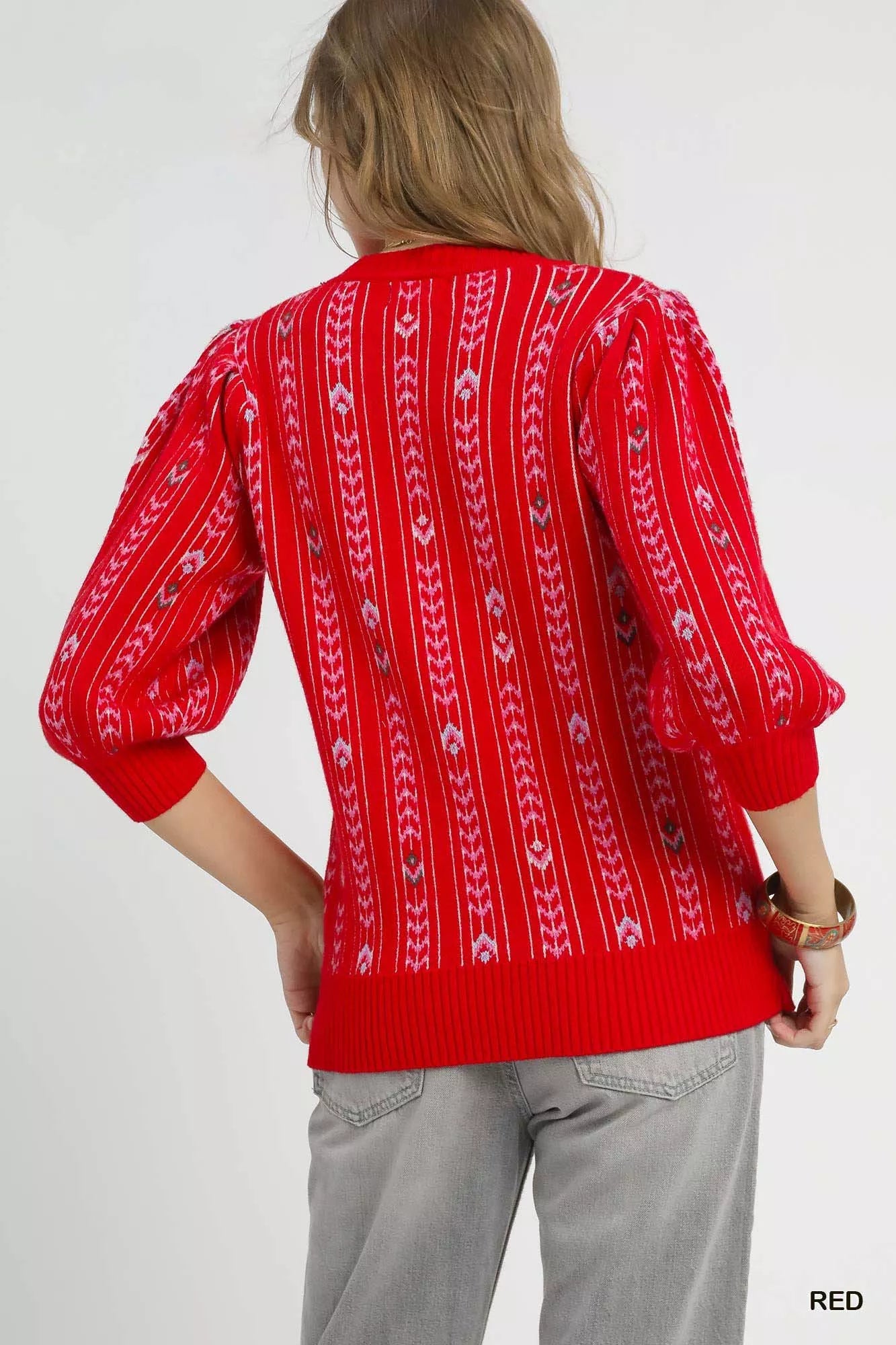 Umgee Jacquard Knit Puff Sleeve Sweater OutfitFlow