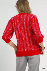 Umgee Jacquard Knit Puff Sleeve Sweater OutfitFlow