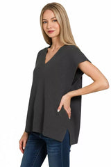 Zenana Ribbed Slit V-Neck Sweater Vest OutfitFlow