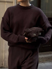 Round Neck Dropped Shoulder Sweater OutfitFlow