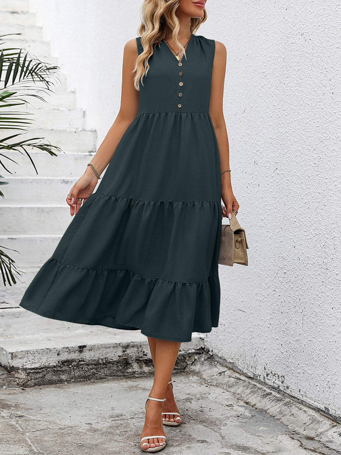 V-Neck Sleeveless Tiered Dress OutfitFlow