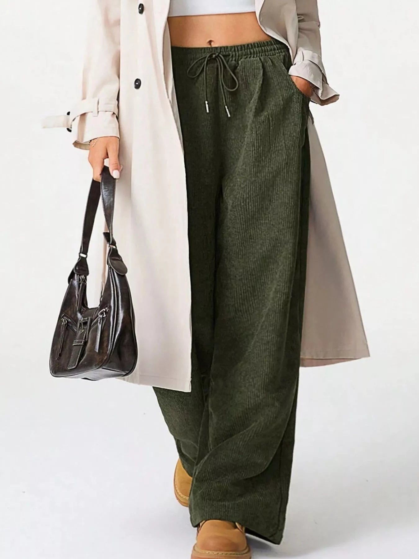 Wide Leg Corduroy Drawstring Pants Army Green OutfitFlow