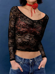 Lace Sheer Long Sleeve T-Shirt OutfitFlow