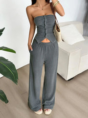 Ribbed Knit Strapless Crop Top and Pants Set OutfitFlow