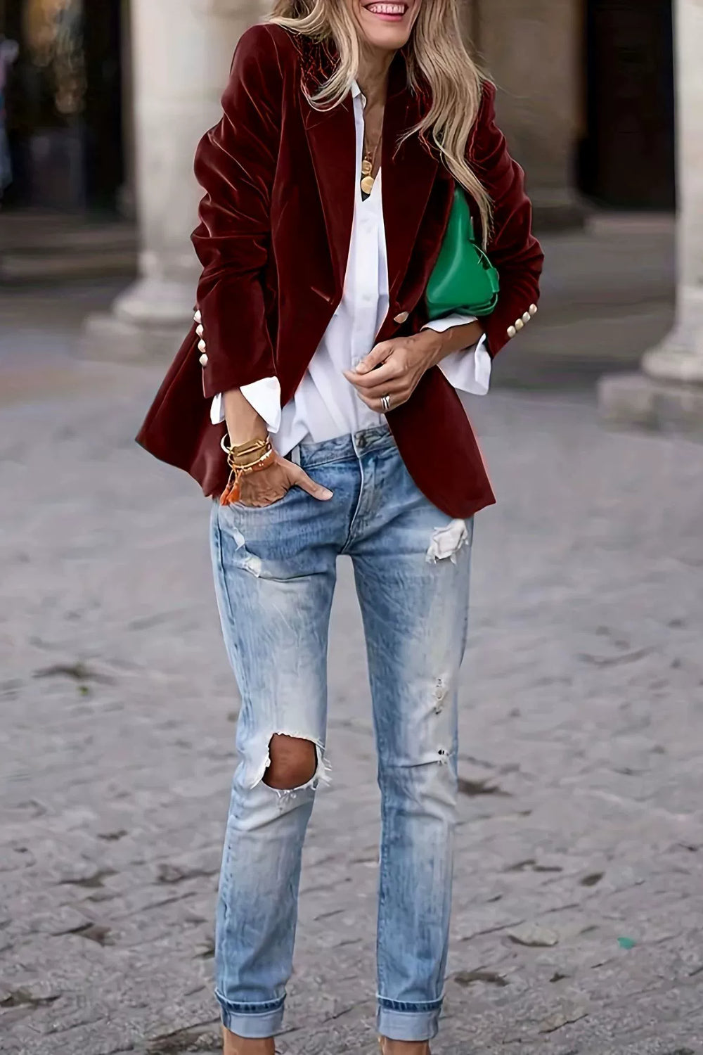 Lapel Collar One Button Blazer OutfitFlow