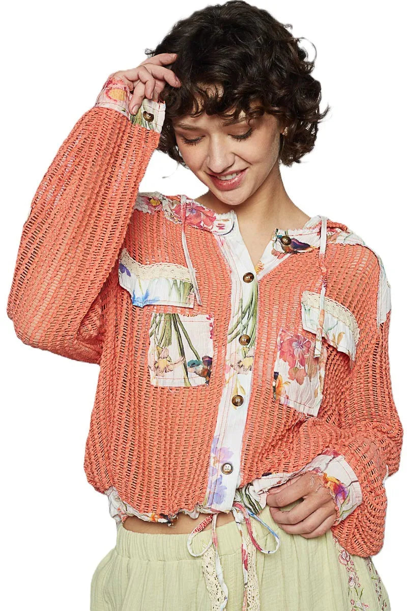 POL Vintage Washed Crochet Hoodie Jacket With Patchwork OutfitFlow