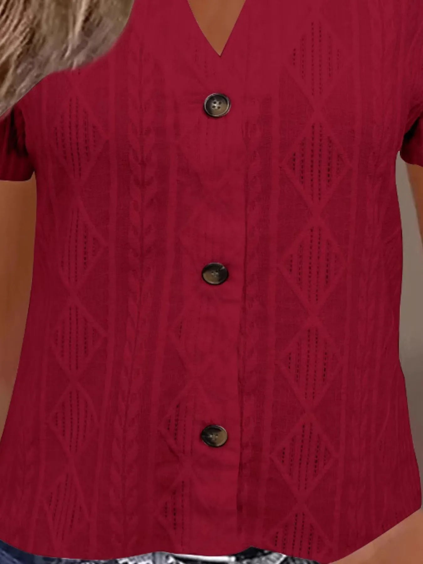Textured Notched Short Sleeve Blouse OutfitFlow