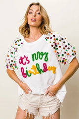 BiBi Metallic Letter Spangle Raglan Puff Sleeve Top OutfitFlow