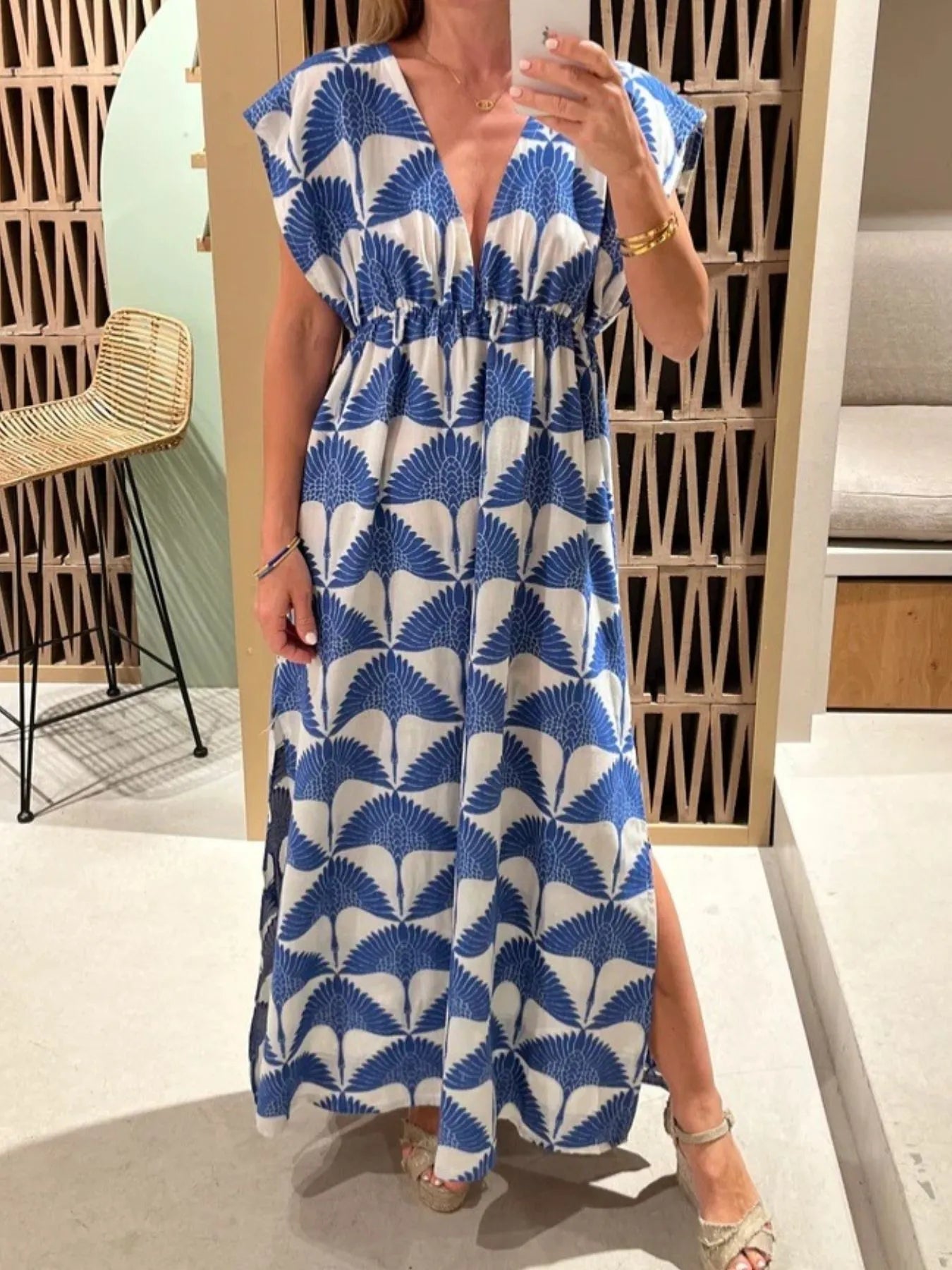 Slit Printed V-Neck Cap Sleeve Maxi Dress OutfitFlow