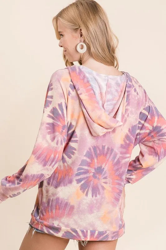BiBi Circular Tie Dye Print Terry Hoodie with Kangaroo OutfitFlow