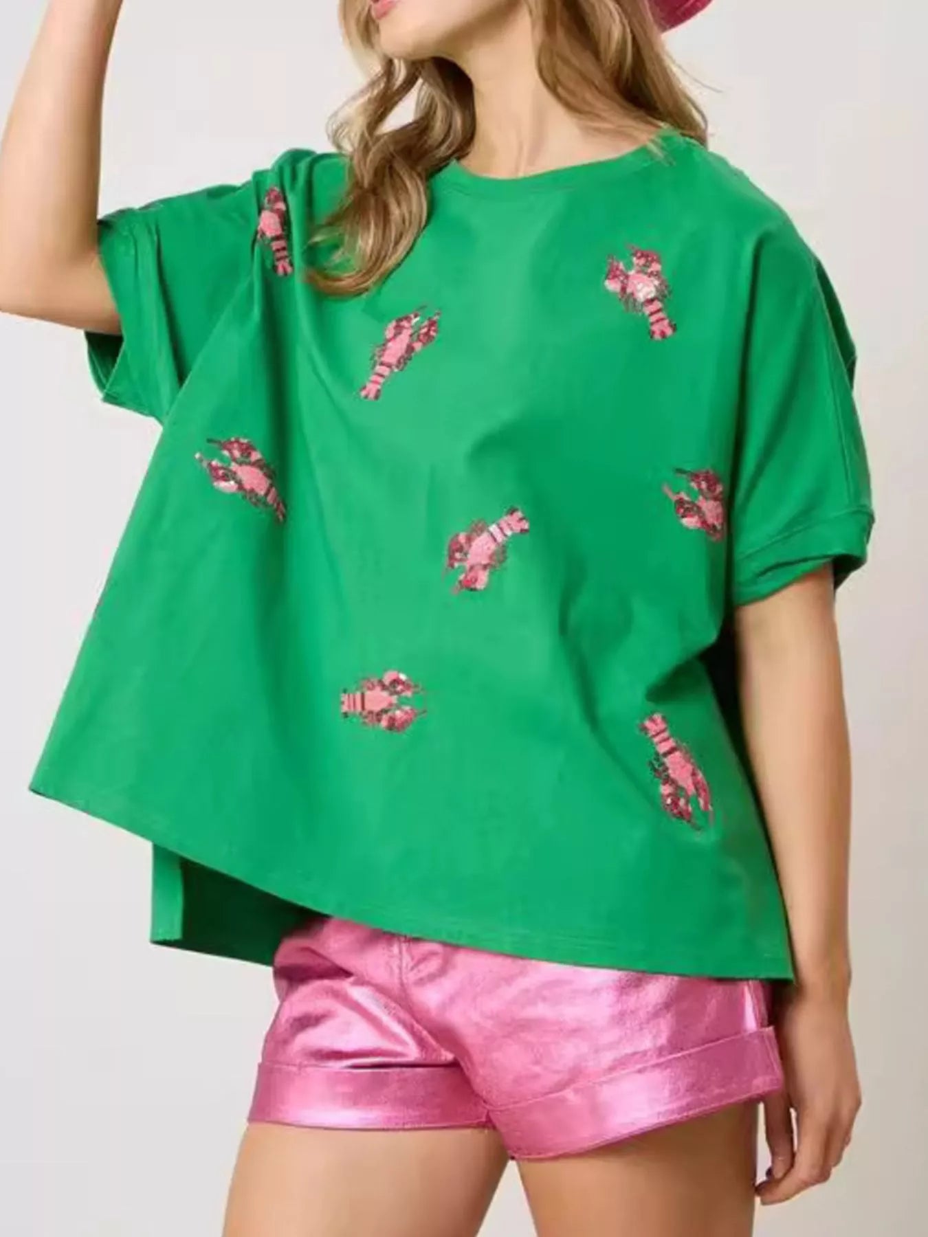 Sequin Lobster Round Neck T-Shirt Green OutfitFlow