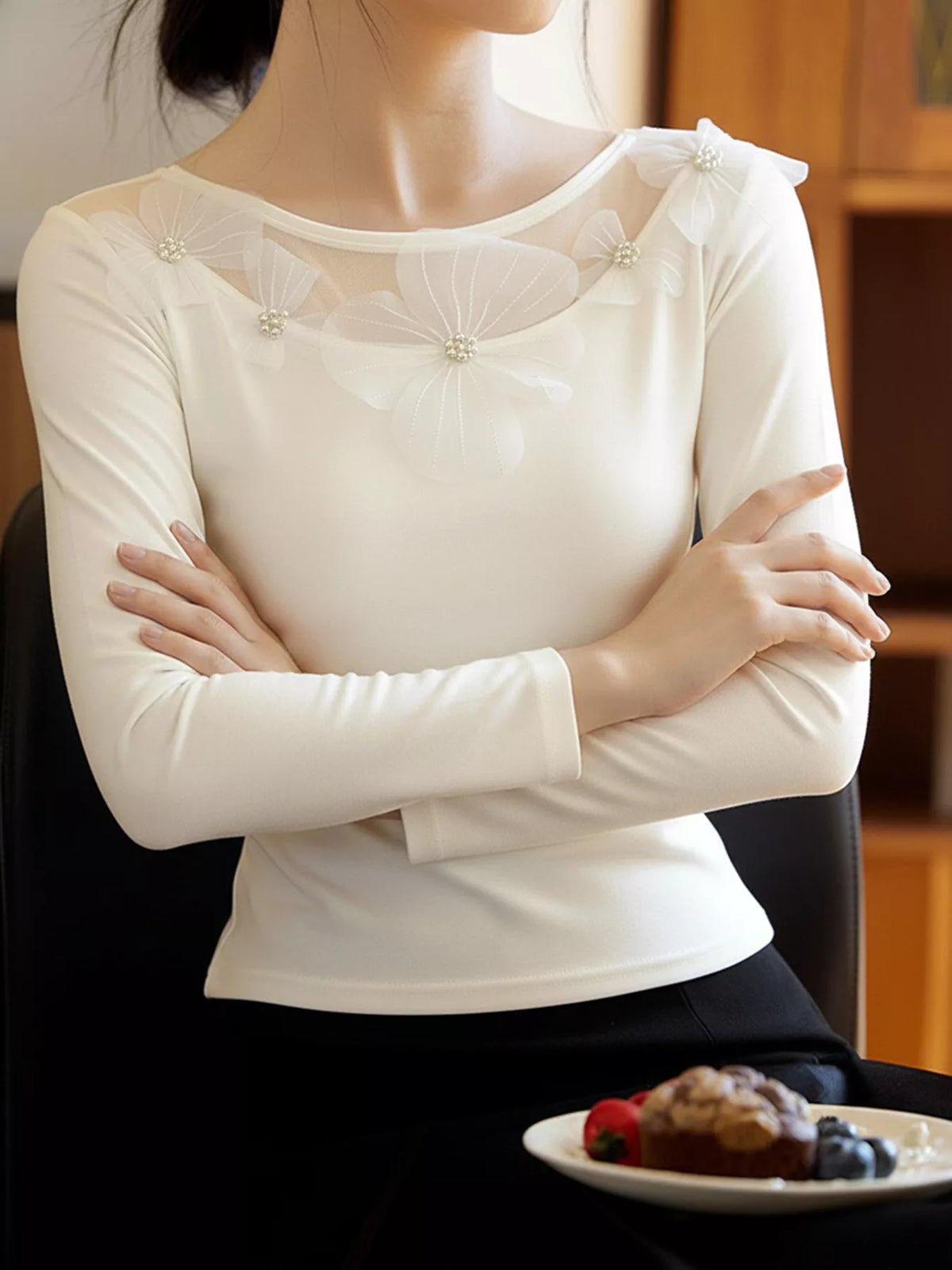 Floral Applique Long Sleeve T-Shirt Beige OutfitFlow