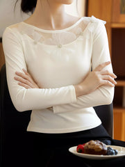 Floral Applique Long Sleeve T-Shirt Beige OutfitFlow