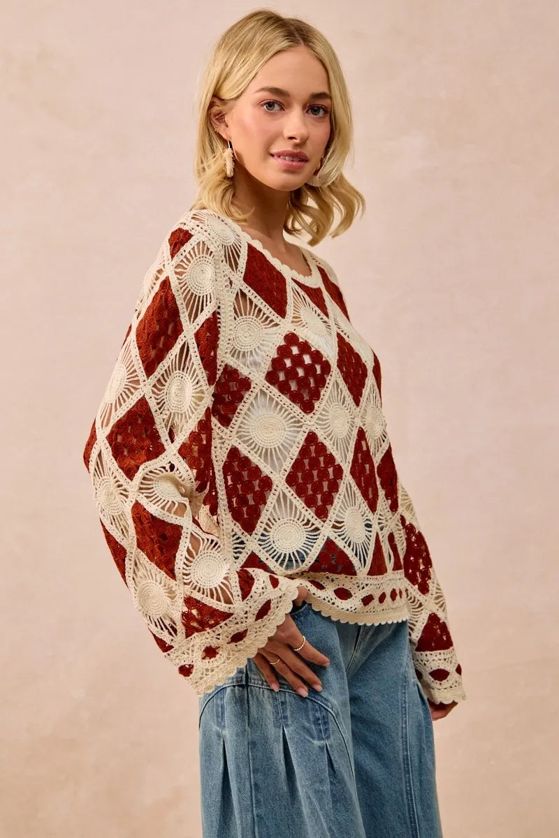 BiBi Diamond Crochet Knit Top OutfitFlow