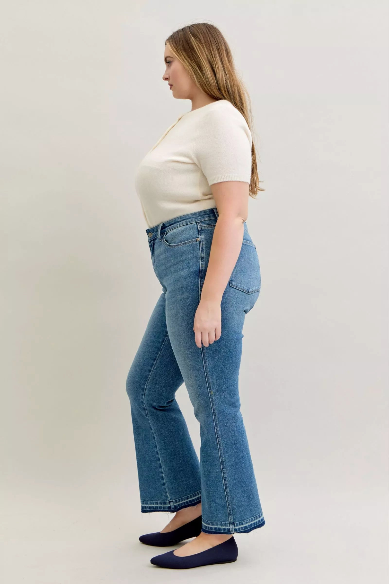Judy Blue Full Size Mid Rise Slim Bootcut Tummy Control Release Hem Jeans Plus Size OutfitFlow