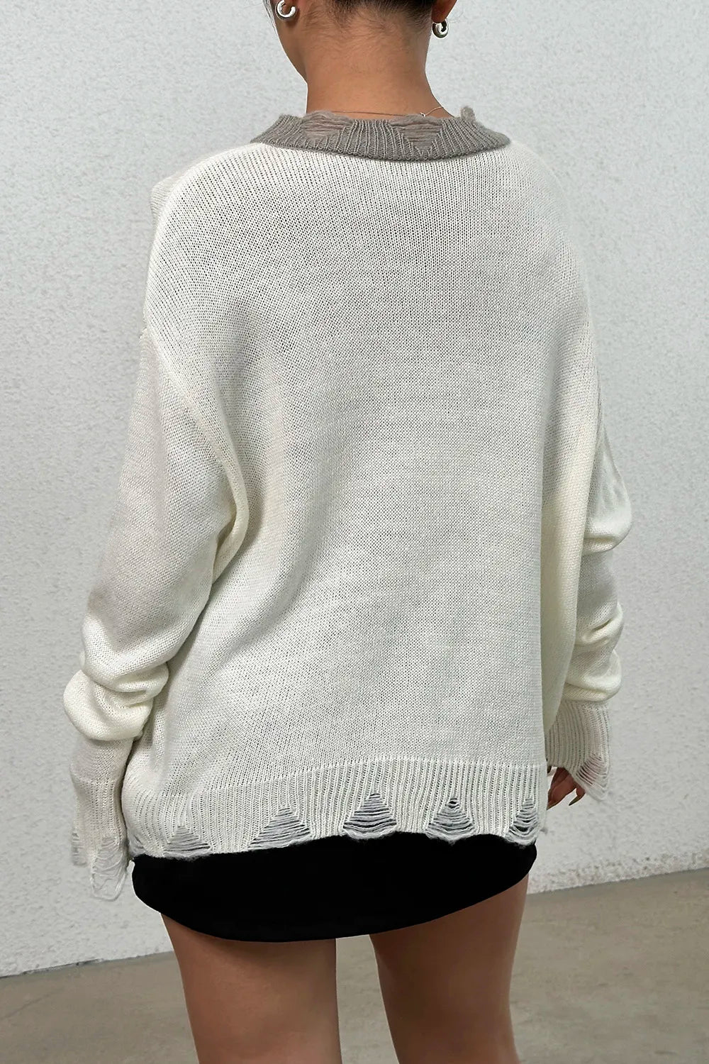 Distressed V-Neck Dropped Shoulder Sweater OutfitFlow
