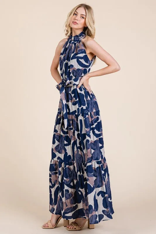 Lime 'N' Chili Abstract Halter Neck Tie-Waist Tiered Maxi Dress OutfitFlow