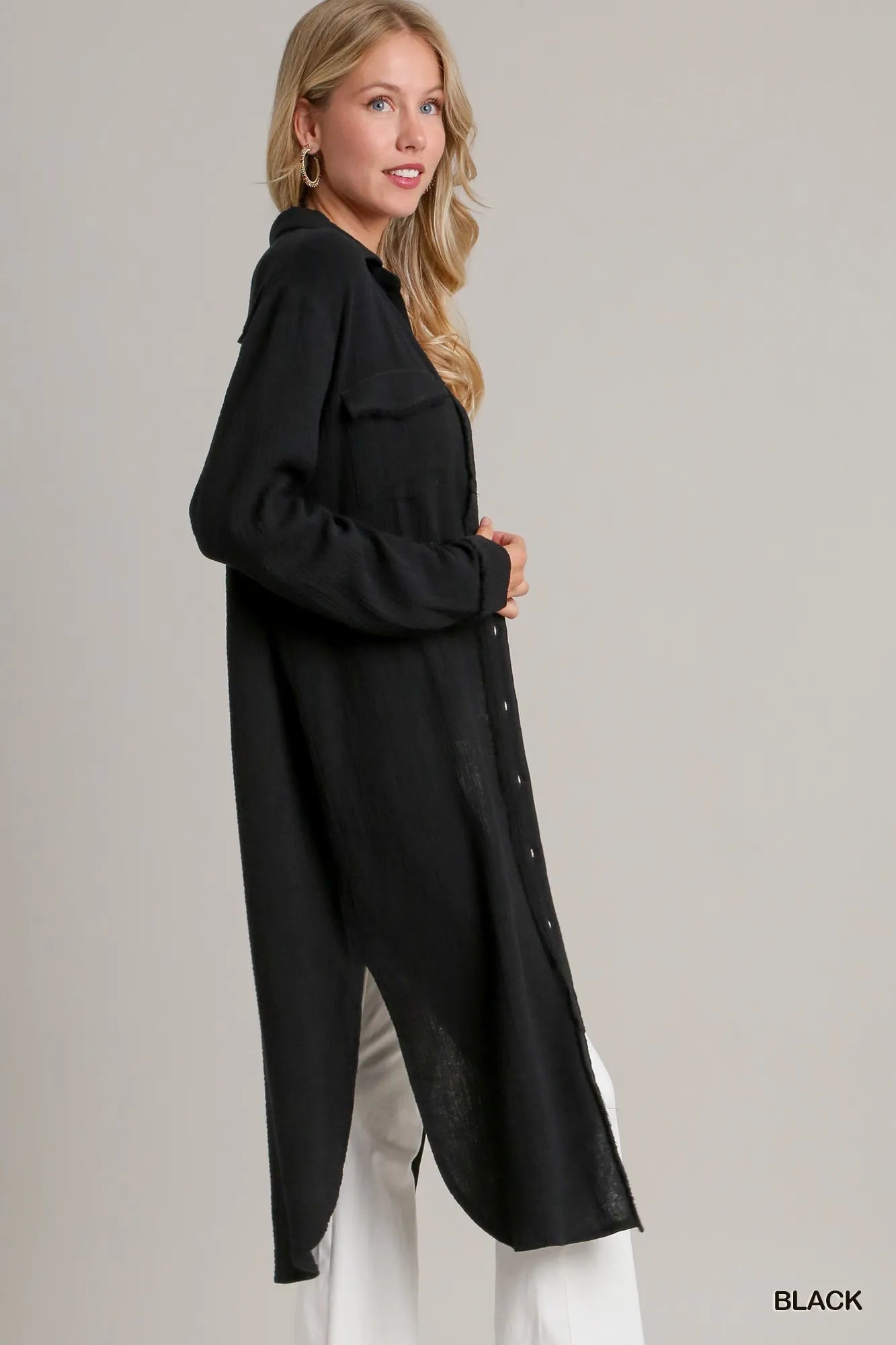 Umgee Cotton Gauze Button Down Shirt Dress Trendsi