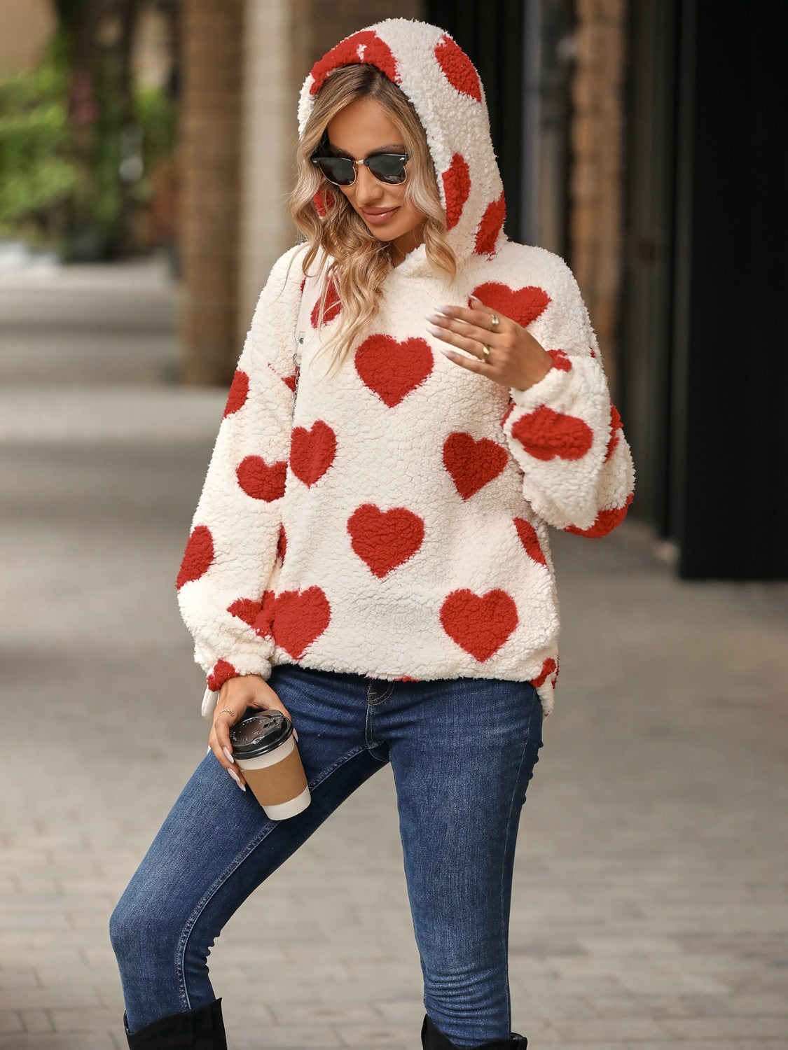 Outfit Flow - Fuzzy Heart Pocketed Dropped Shoulder Hoodie