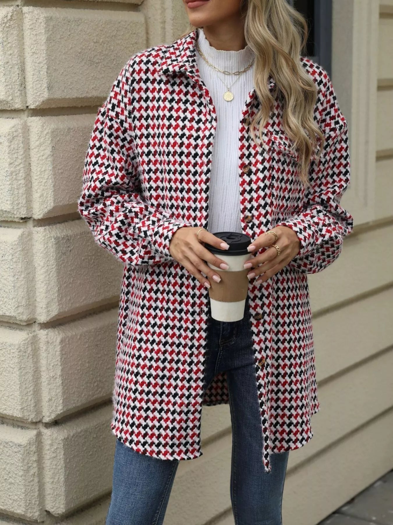 Houndstooth Button Up Long Sleeve Coat Red Trendsi