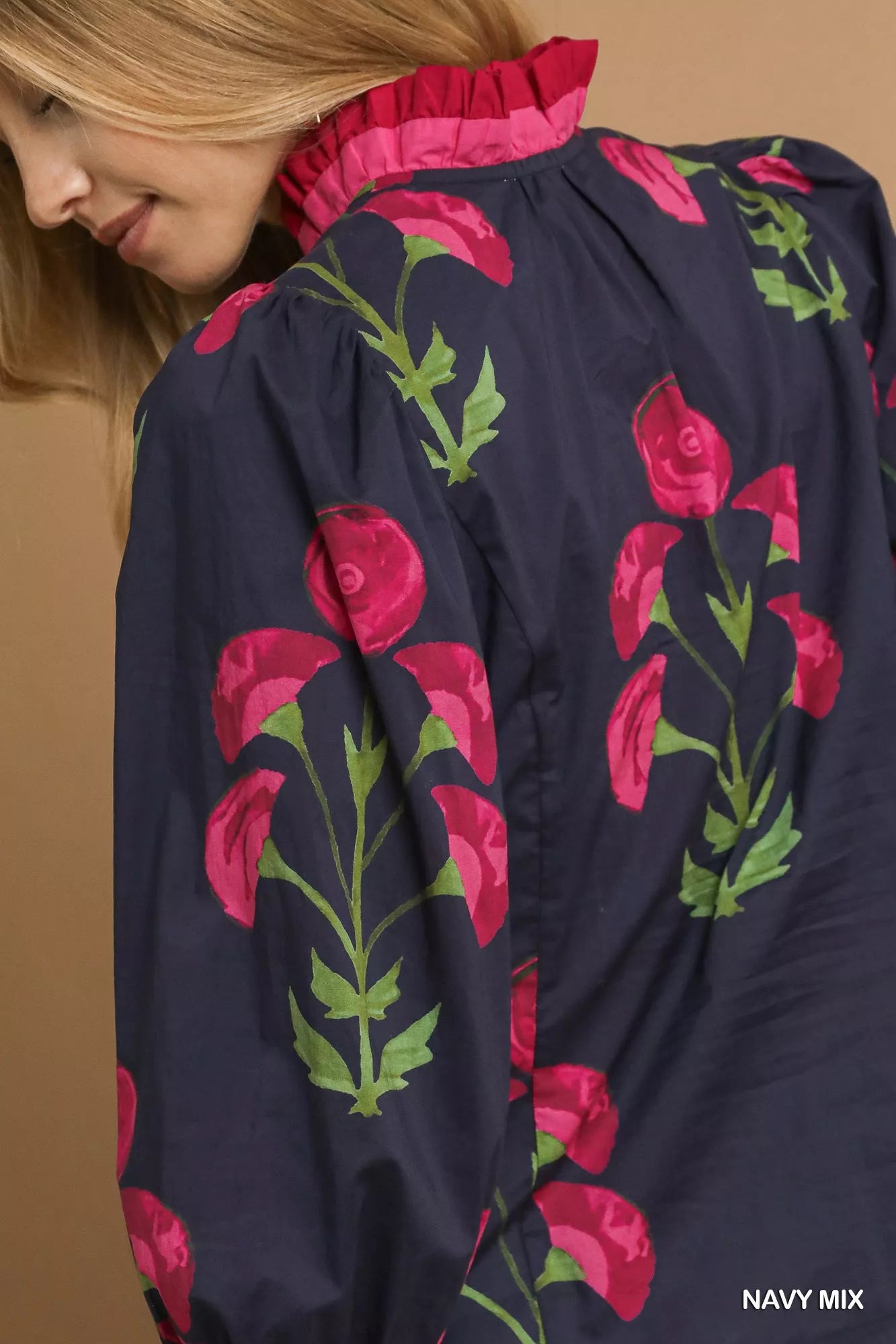 Umgee Floral Print Ruffle Trim Puff Sleeve Blouse Trendsi